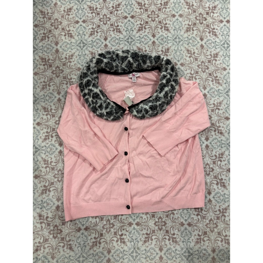 Pink Poodle Faux Fur Leopard Collar Cardigan Pink 2X NWT Vintage Style Rose Butt